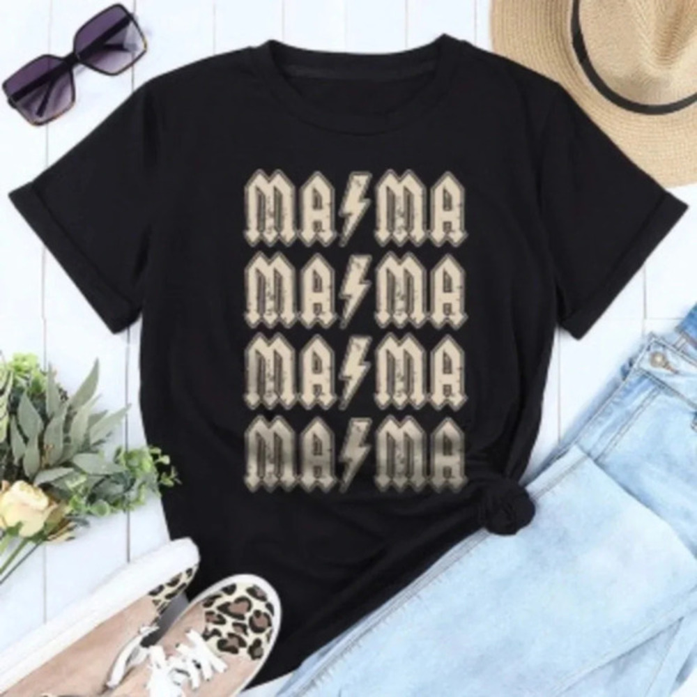 MAMA Lightning Bolt Graphic Tee Black Stacked Mama T-Shirt NWT